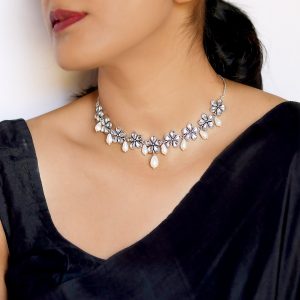 ABHITA FLORAL POLKI SILVER OXIDIZED NECKLACE