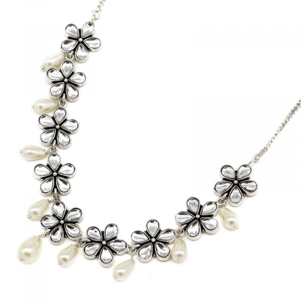 ABHITA FLORAL POLKI SILVER OXIDIZED NECKLACE - Image 6